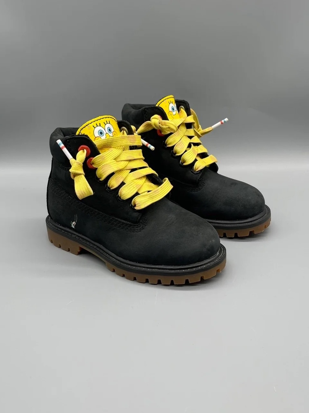 Timberland Kids Size 13 Black Boots with Yellow Laces & SpongeBob
